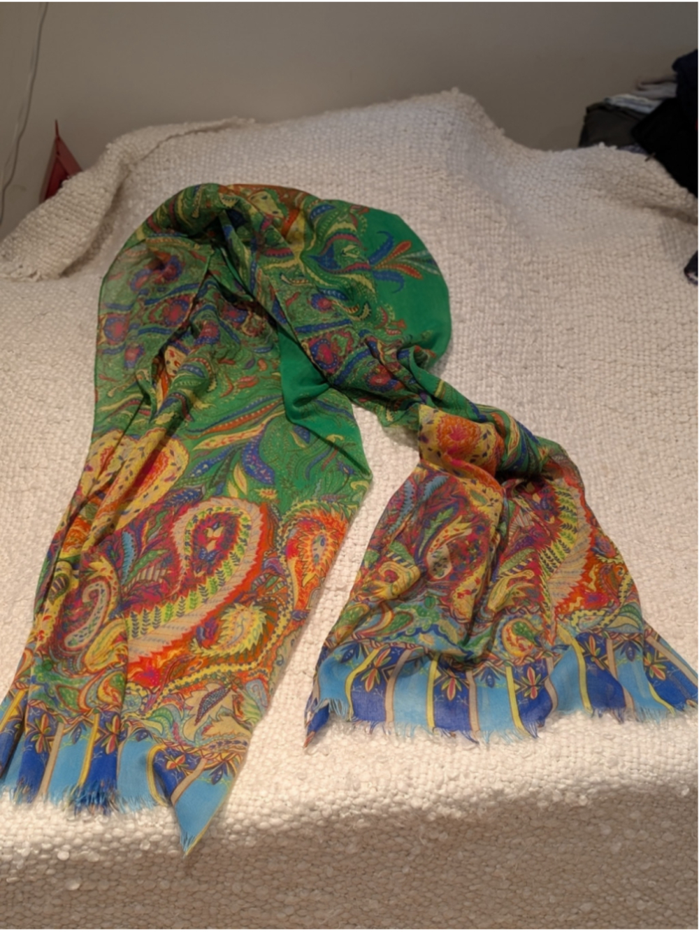 726 - Oversized Green Paisley Scarf Wrap Boho Multicolor Fringe Shawl - Picture 4 of 6